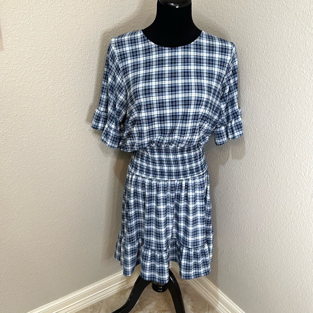 Michael Kors Blue Plaid Smocked Waist Mini Dress Size Large
